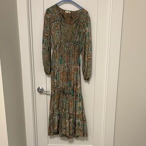 Bohemian Long Sleeve Dress in Teal and Brown
